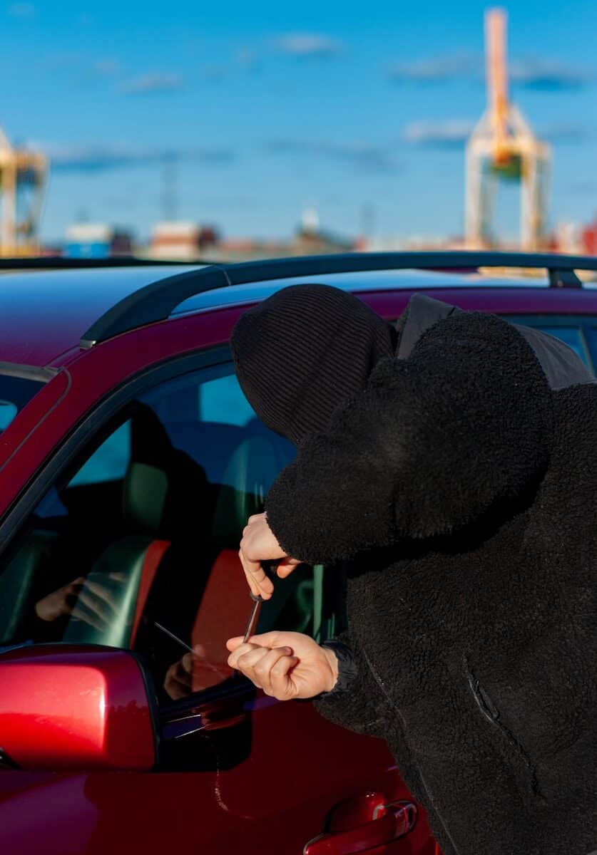 A thief is trying to break into a car.