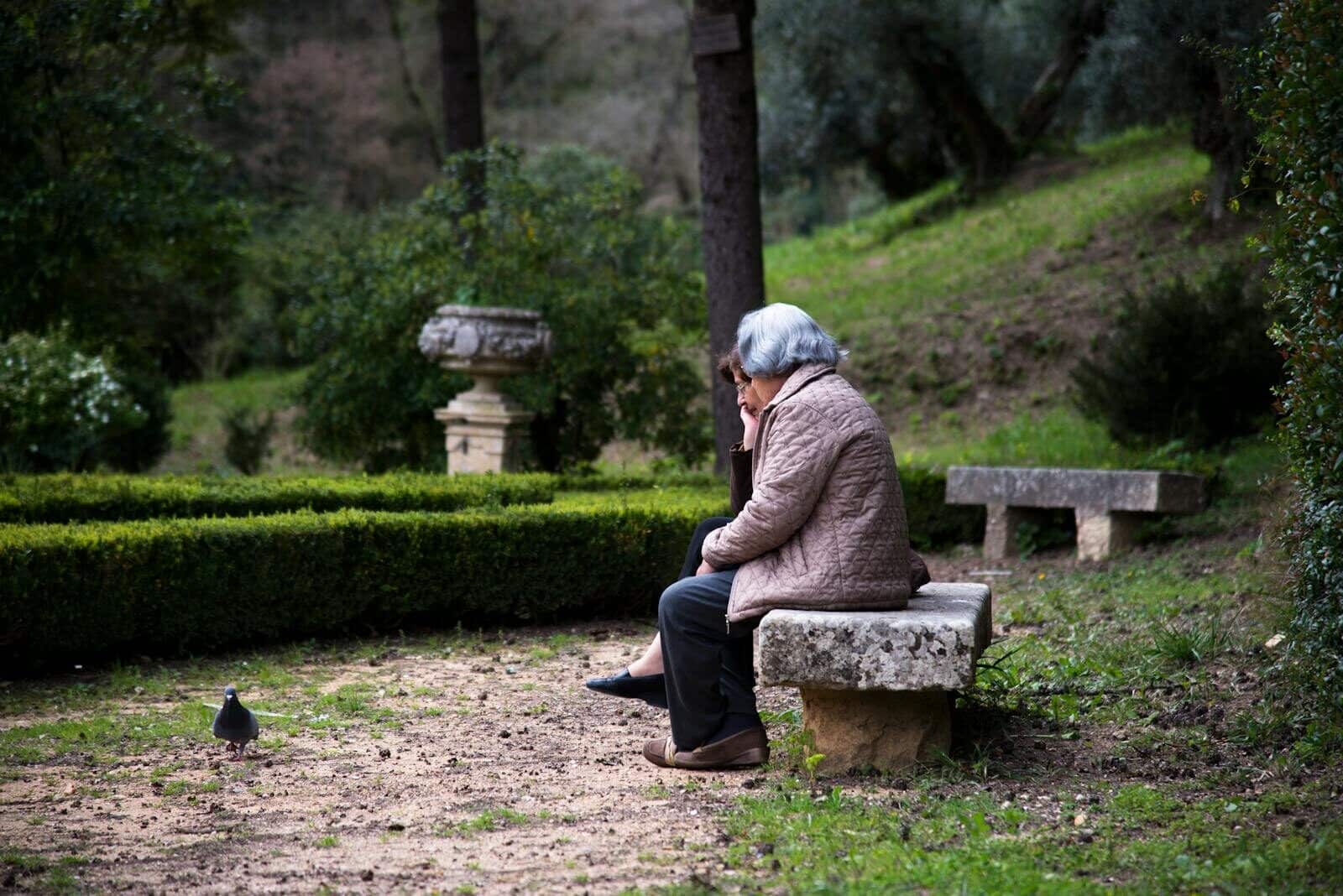 A serene scene of an elderly woman sitting on a stone bench, observing a pigeon in a lush park.