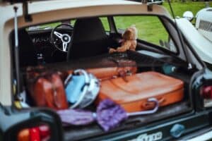 Open car trunk filled with luggage and teddy bear.