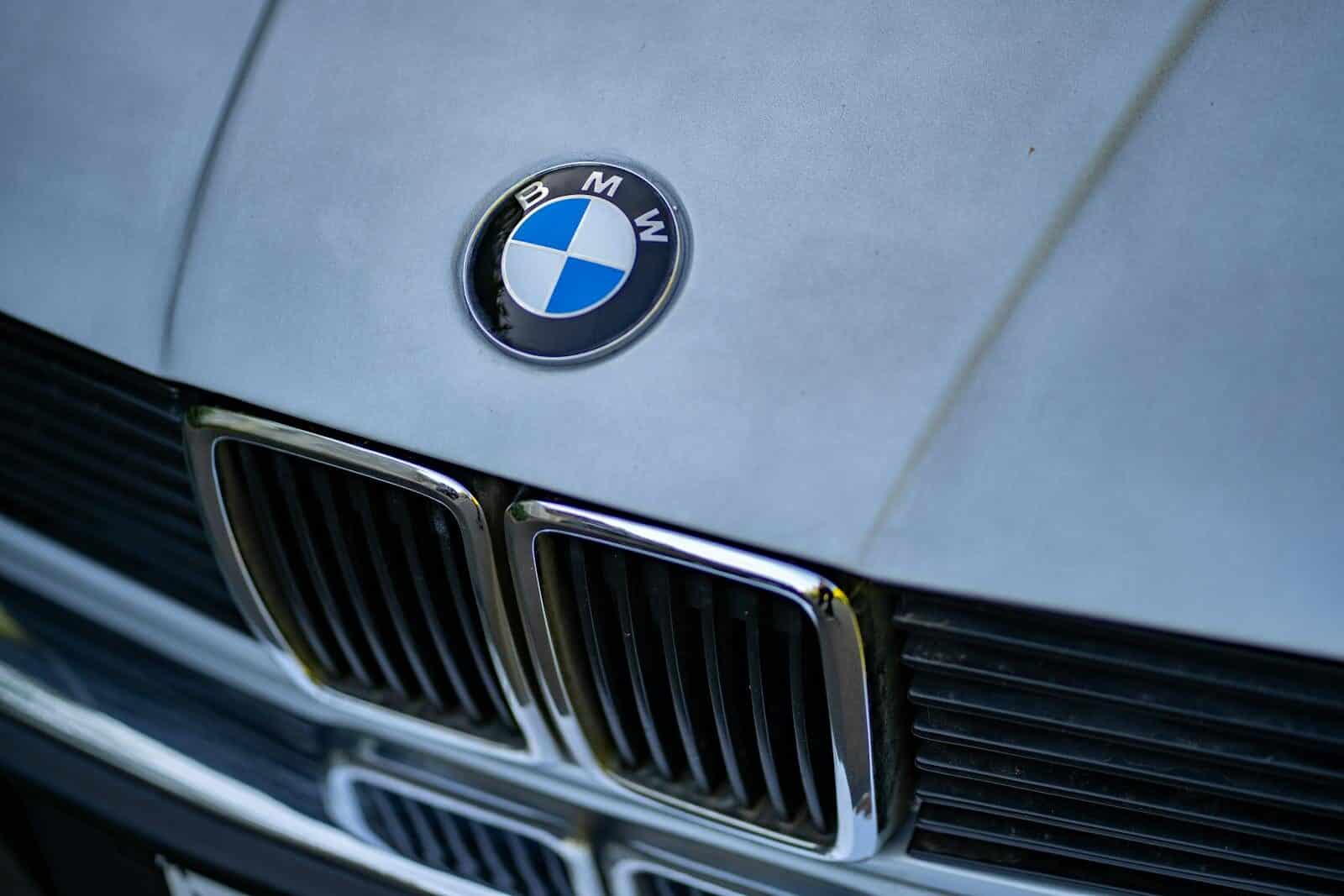 Detailed shot of BMW car emblem focusing on its iconic grille and logo.