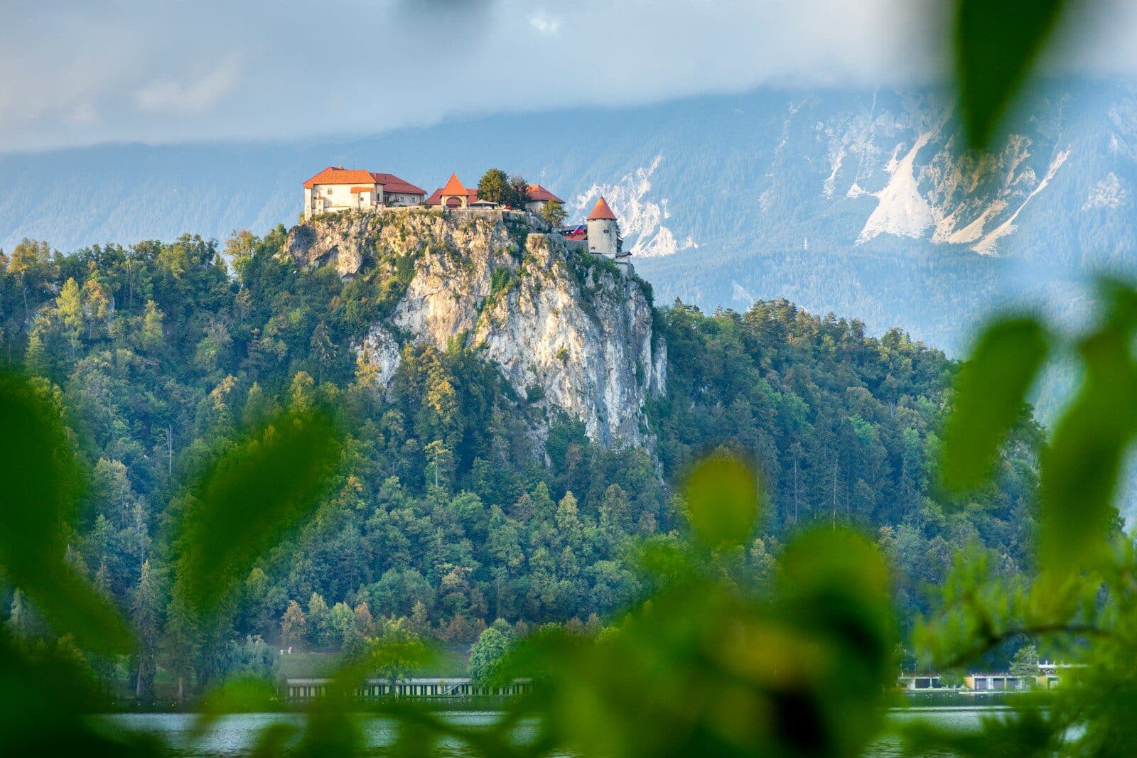 a castle on top of a mountain surrounded by trees