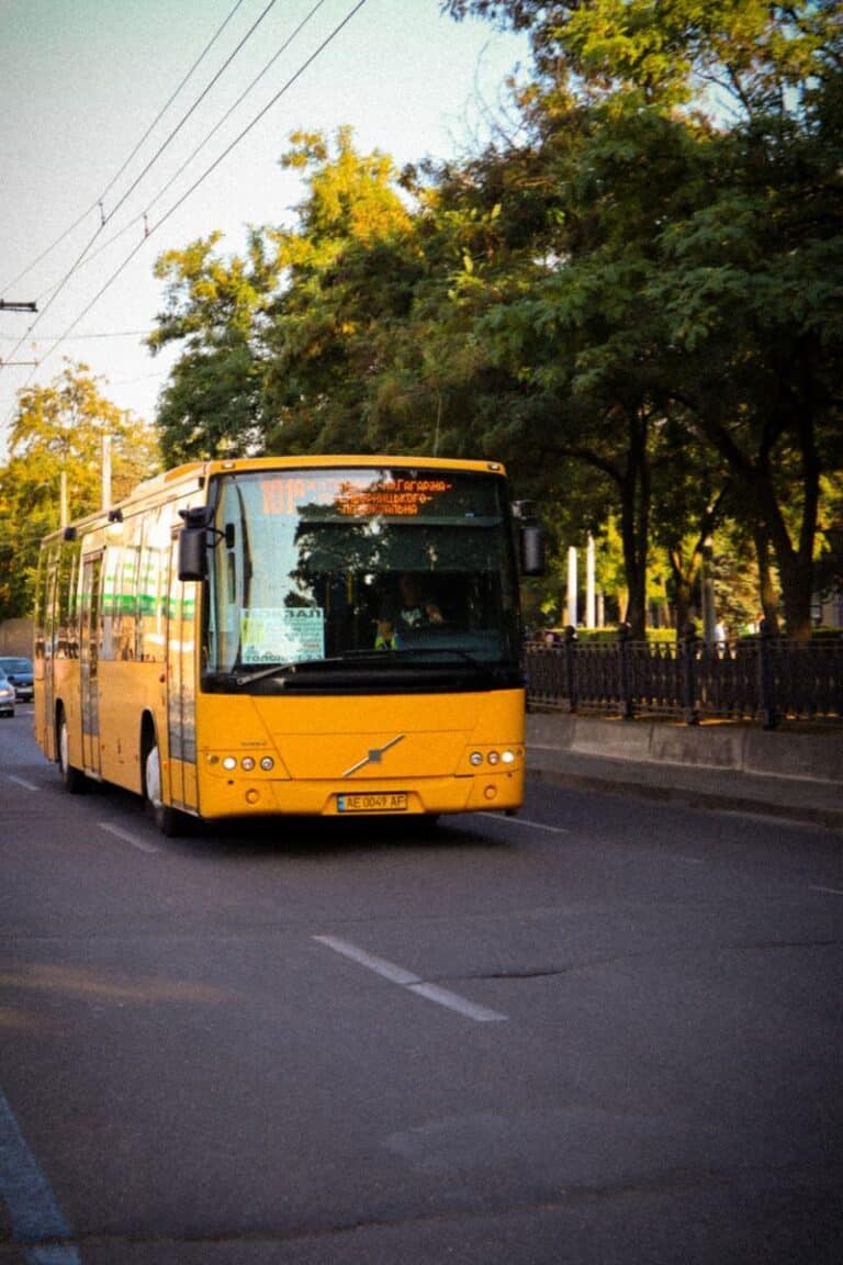 A yellow bus travels down a city street lined with trees during the day.
