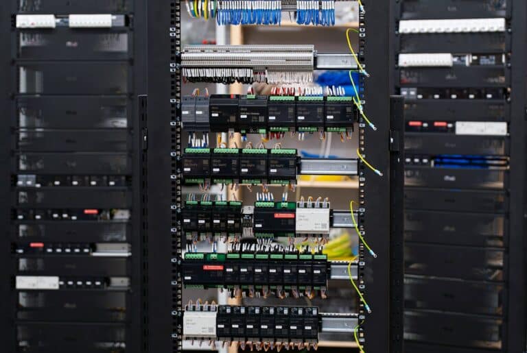 Open electrical control panel with wires and circuit breakers.