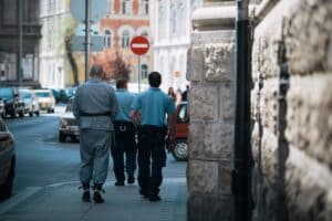 Policemen escort a handcuffed prisoner along a city street, showcasing law enforcement in action.