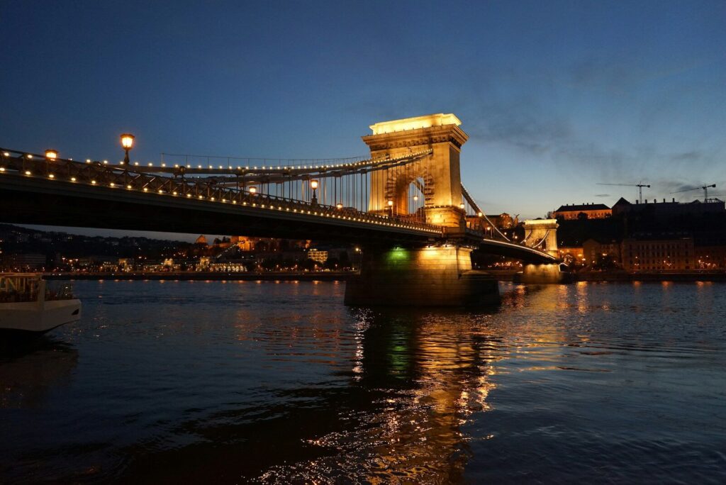 brown bridge over water during night time