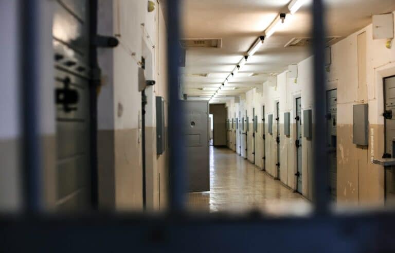 A long prison corridor with rows of metal doors viewed through dark bars