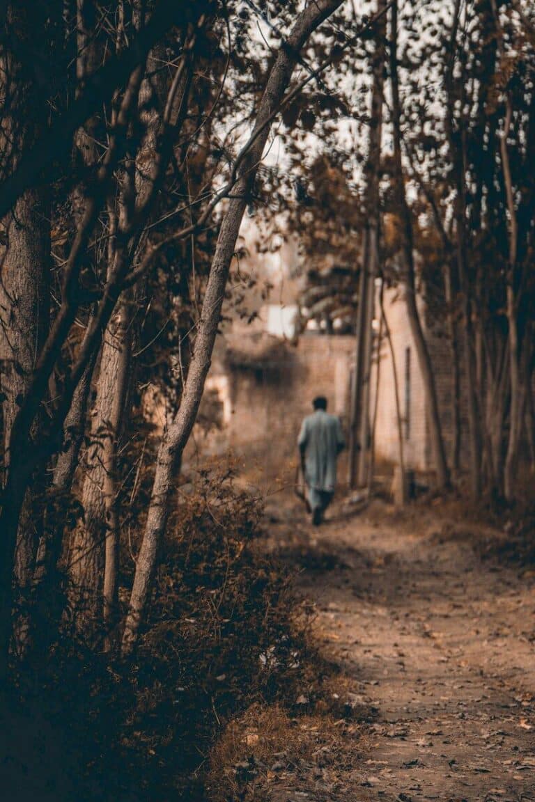 a man walking down a dirt road next to a forest